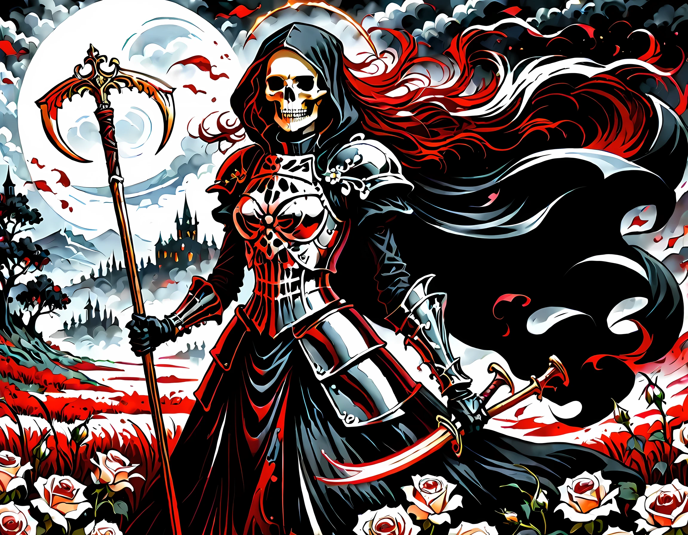 dark fantasy art, a female skeletal grim reaper in a field of white roses, the reaper has (skeletal head: 1.3) , long (red: 1.2) hair , red glowing eyes, she wears black robes, and black armor dress, ArmoredDress, flowing robes, she holds a scythe, in her arms, the scythe is dripping blood, a field of white roses background (best details, Masterpiece, best quality: 1.4), dynamic range, ultra wide shot, photorealism, depth of field, hyper realistic, RagingNebula