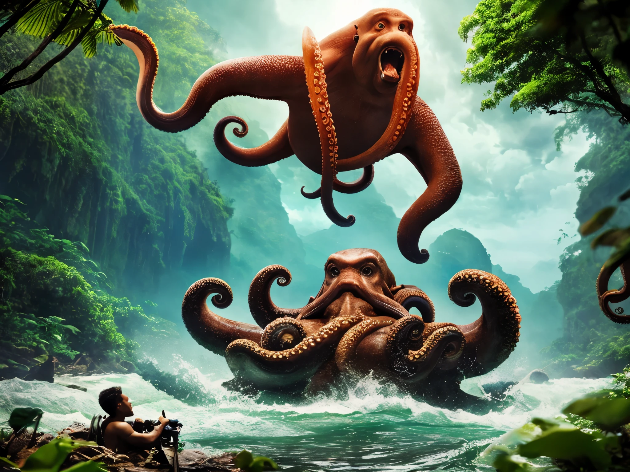 king Kong fighting a giant octopus on a river on the jungle of Brasilia epic best cinematic picture