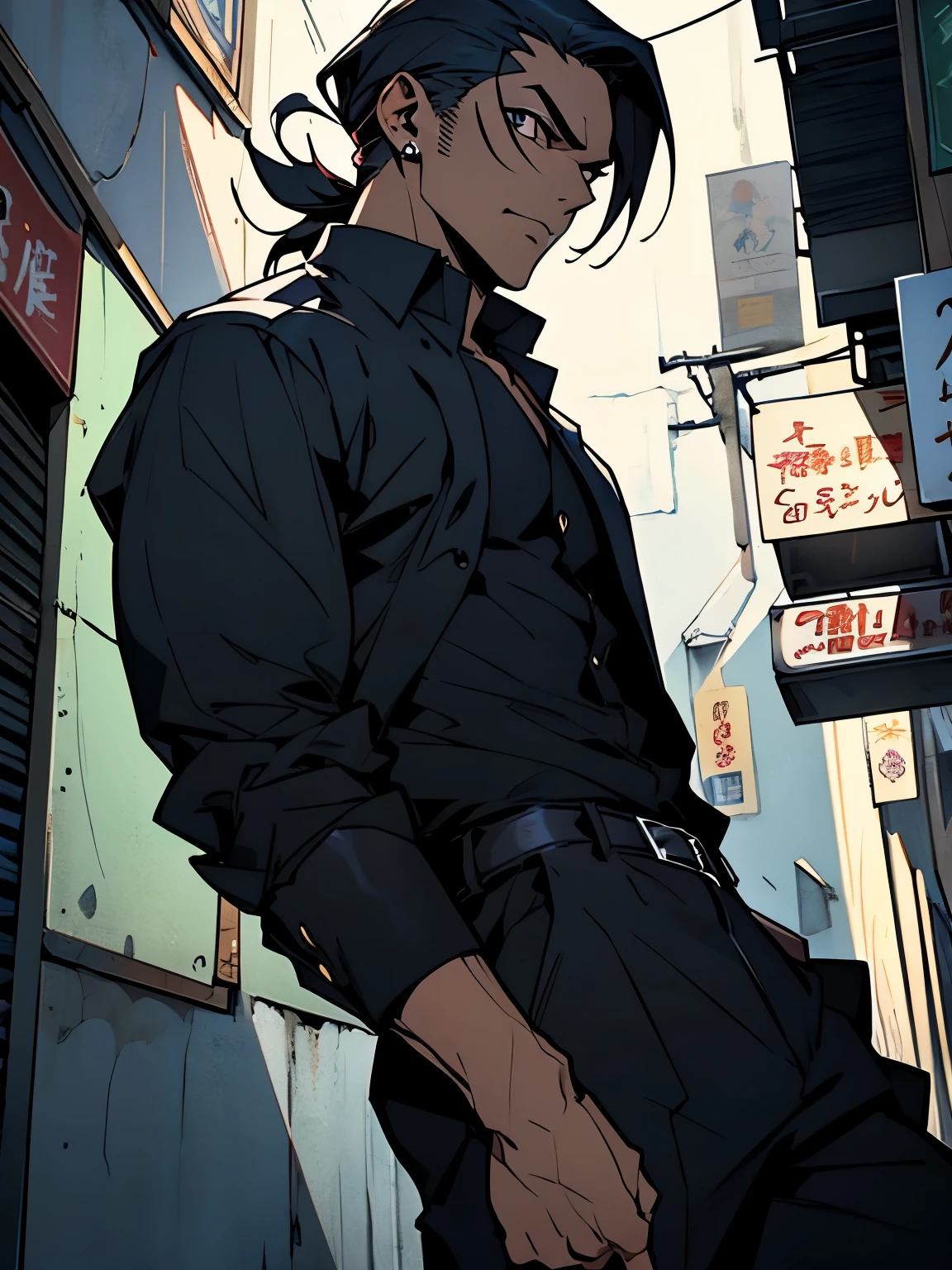Personagem rpg, estilo de arte anime, homem magro, cicatrizes, estilo social, camisa roxa, crime organizado, cabelo preto, corpo fraco, olhos castanhos, pele clara