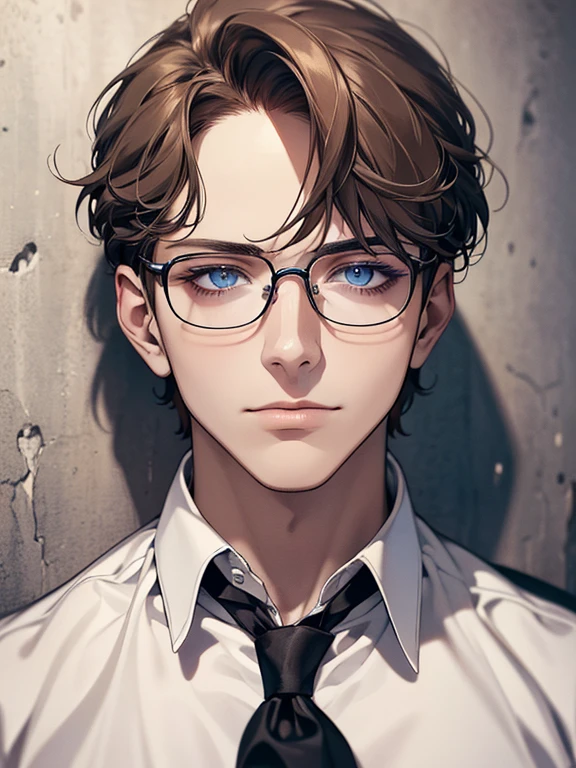 masterpiece, best quality, 1male, brunette hair, blue eyes, glasses, white shirt, mugshot, wall background, detailed eyes, detailed facial features, realistic and high resolution (best quality, 4k, 8k, highres, masterpiece:1.2)