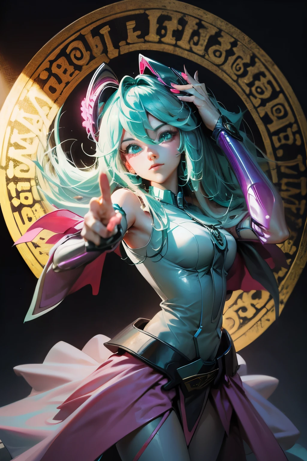 Hatsune Miku disfrazada de dark magician gils. Cabello celeste extra largo. Ojos verdes. Magic Circle Background. Pose sensual y sejustiva.