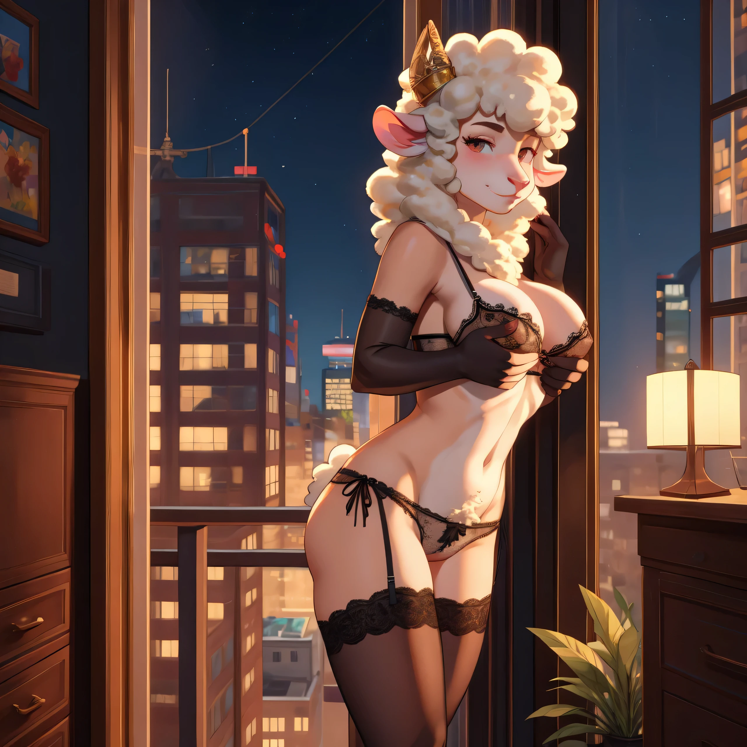 sheep, female, lowleg panties, pubic hair, string bra, black gloves, black stockings, lean against wall, drunk, smirk, horny, hand on breasts, on 32 floor, panoramic window, city behind window, night
