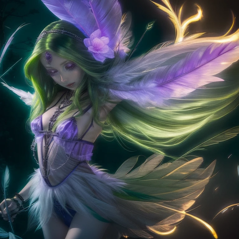 Transparent Sylphid, goddess, Gothic,Long Green Hair, Light purple eyes, jewelry, bracelet, Feather Lingerie,Arrow of Light, fire Fly,night,lake