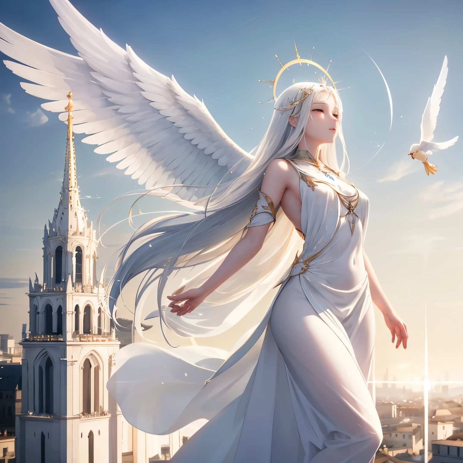 A celestial marvel, adorned in ethereal white, gracefully descends upon the bustling urban landscape. The Angel, with a radiant halo aglow against the sun, wings spread wide, appears to glide effortlessly through the air. His arrival induces a subtle commotion among city-dwellers, who momentarily halt their daily endeavors to bear witness to the celestial guest. The ineffable aura of serenity and tranquility emanates from the Angel, casting a soothing radiance over the city's familiar thoroughfares. Upon landing softly atop a magnificent cathedral's spire, the city experiences a revitalizing surge of hope