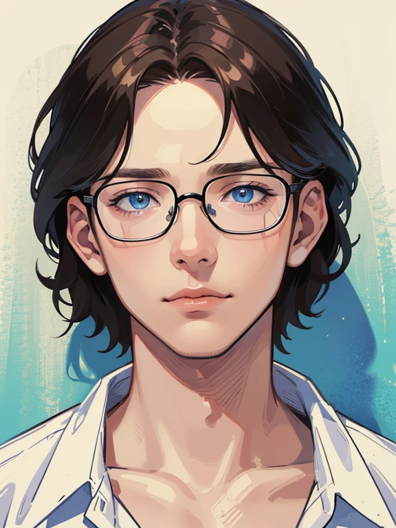 masterpiece, best quality, 1male, brunette hair, blue eyes, glasses, white shirt, mugshot, wall background, detailed eyes, detailed facial features, realistic and high resolution (best quality, 4k, 8k, highres, masterpiece:1.2)