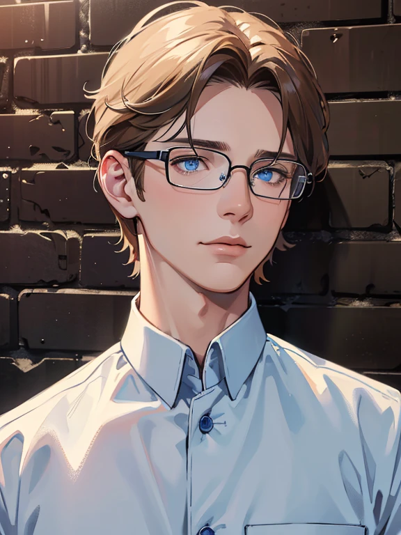 masterpiece, best quality, 1male, brunette hair, blue eyes, glasses, white shirt, mugshot, wall background, detailed eyes, detailed facial features, realistic and high resolution (best quality, 4k, 8k, highres, masterpiece:1.2)