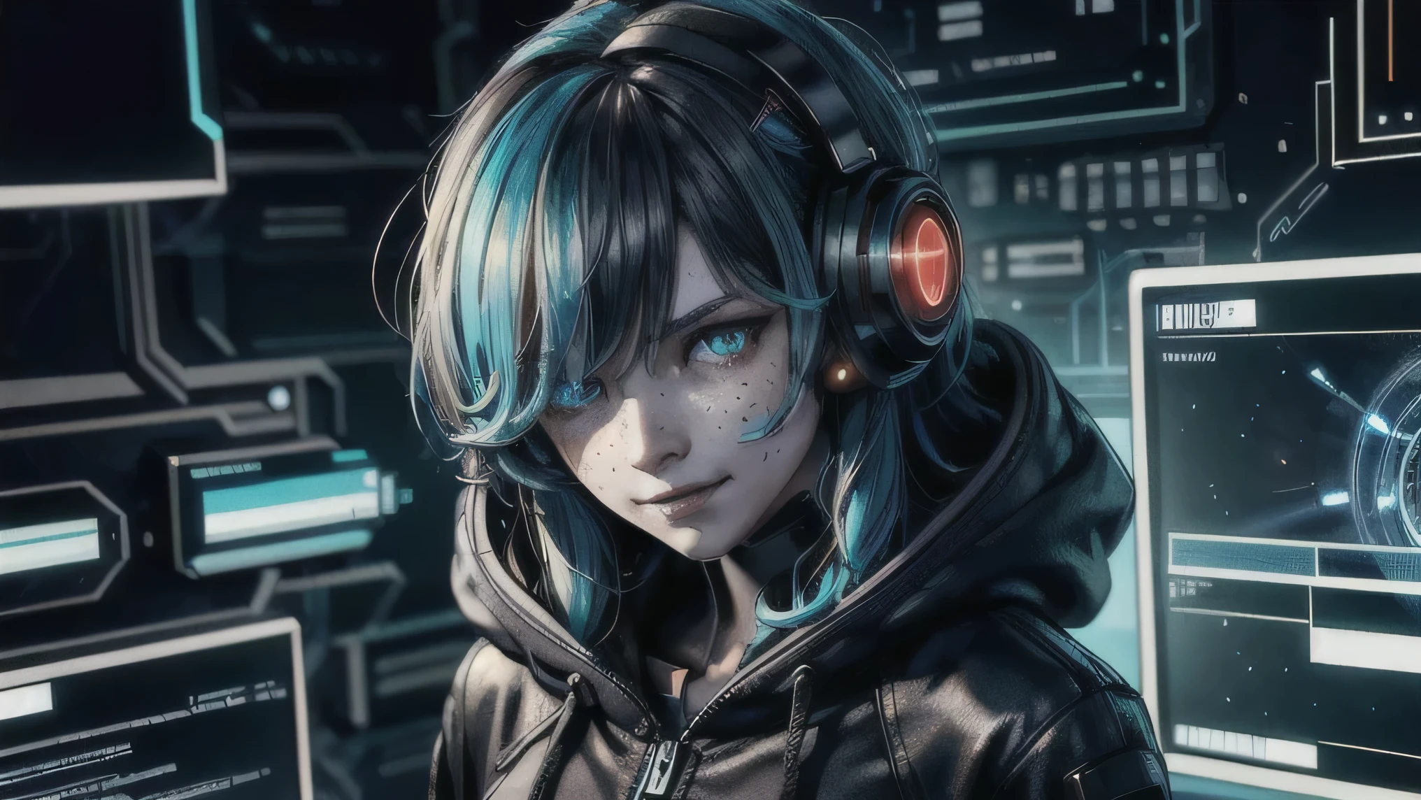 (best quality, masterpiece:1.2), 8k detailed cgi render, thick outlines, strong shadows, 1 girl, adult (elven:0.7) woman, freckles, turquoise eyes, dark red wavy hair,
looking at viewer, solo, half shot, detailed background, detailed face, (antitech, antimatter theme:1.1) high-tech futuristic hacker, smirk, advanced technology, hoodie, techwear, wearable device, head-up display, blue (holographic display:1.05), barcode, computer, neural network, control panel in background, red lights, cyber-warfare, dark sinister atmosphere,
scg,