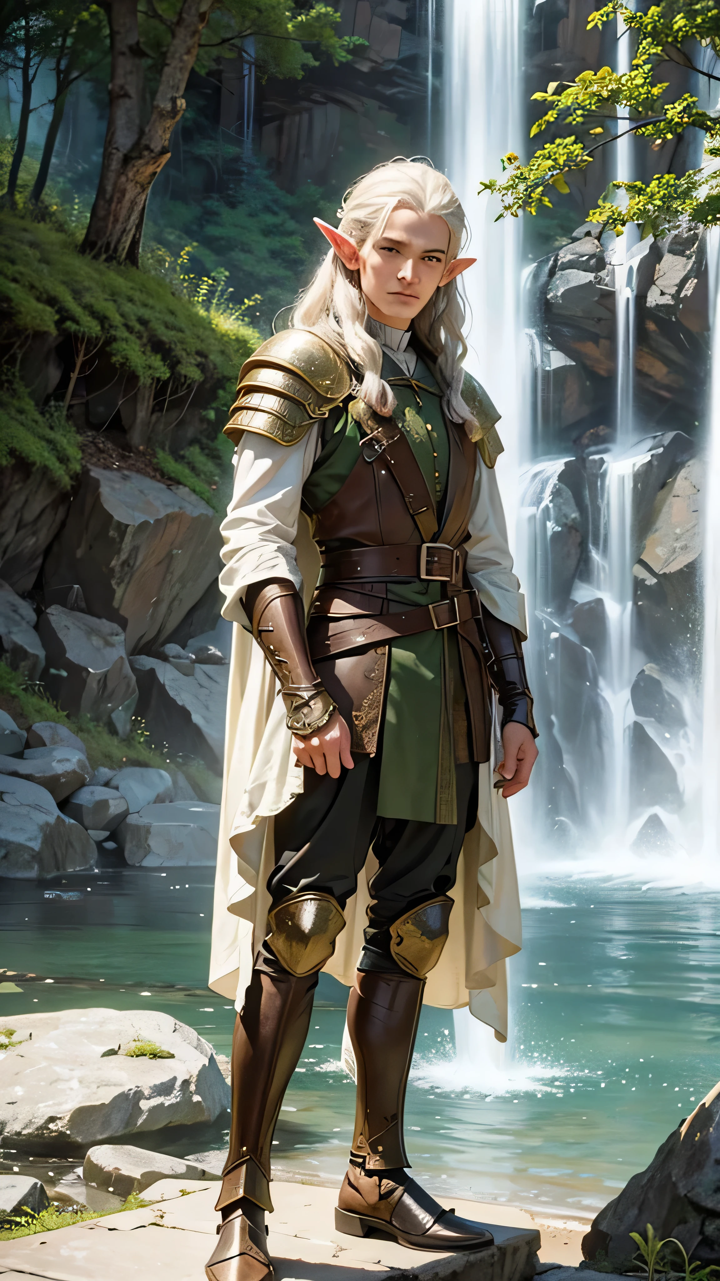elf man, man 50 years, orlando bloom face, legolas, leaves embedded in armor, elfic outfit, florest, waterfall