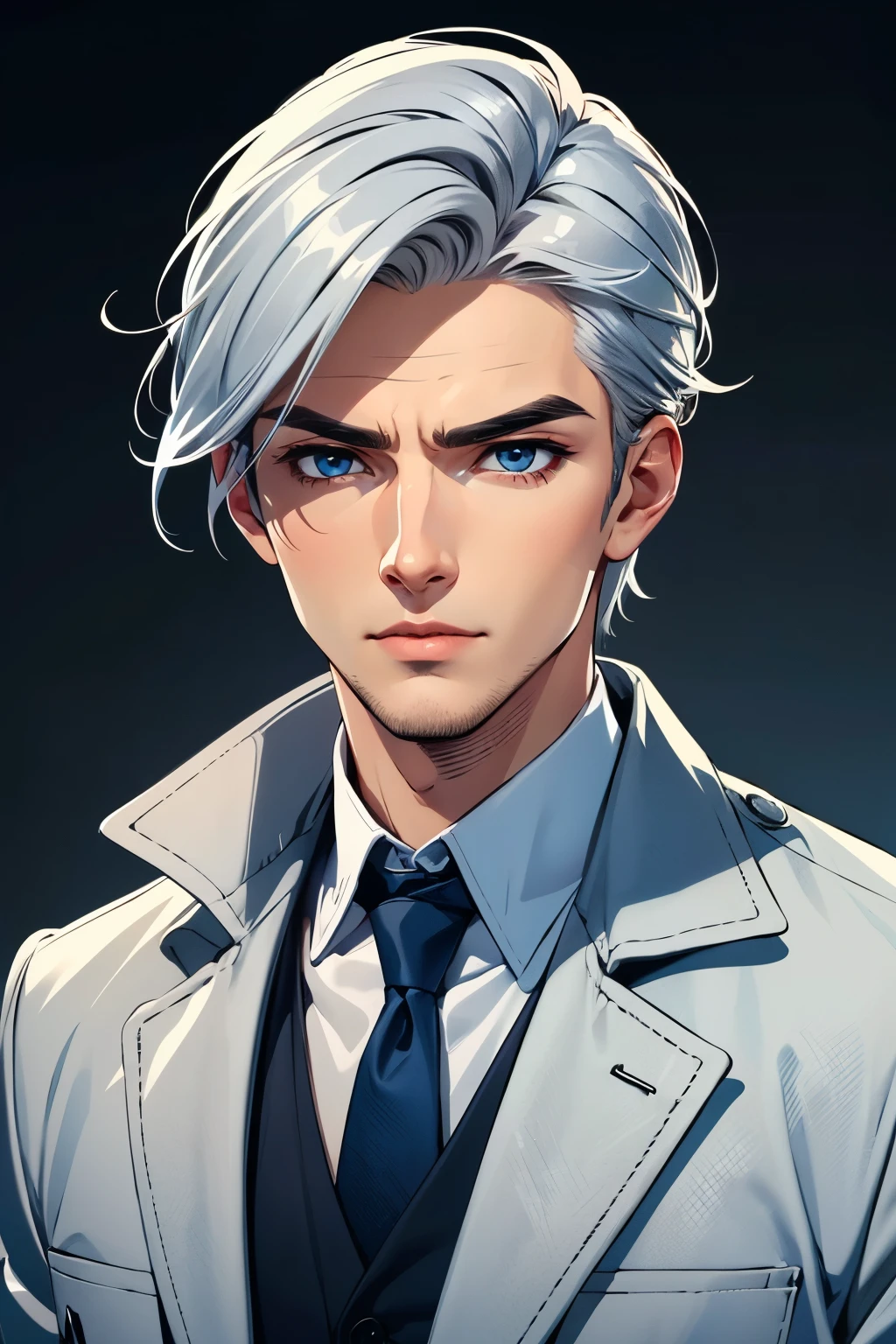 Boy, silver hair, blue eyes, serious sharp features, white skin, handsome, shirt, coat