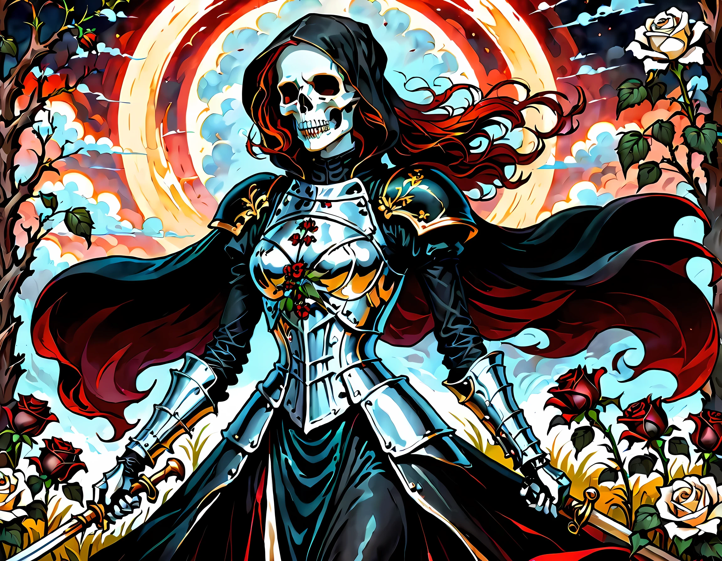 dark fantasy art, a female skeletal grim reaper in a field of white roses, the reaper has (skeletal head: 1.3) , long (red: 1.2) hair , red glowing eyes, she wears black robes, and black armor dress, ArmoredDress, flowing robes, she holds a scythe, in her arms, the scythe is dripping blood, a field of white roses background (best details, Masterpiece, best quality: 1.4), dynamic range, ultra wide shot, photorealism, depth of field, hyper realistic, RagingNebula