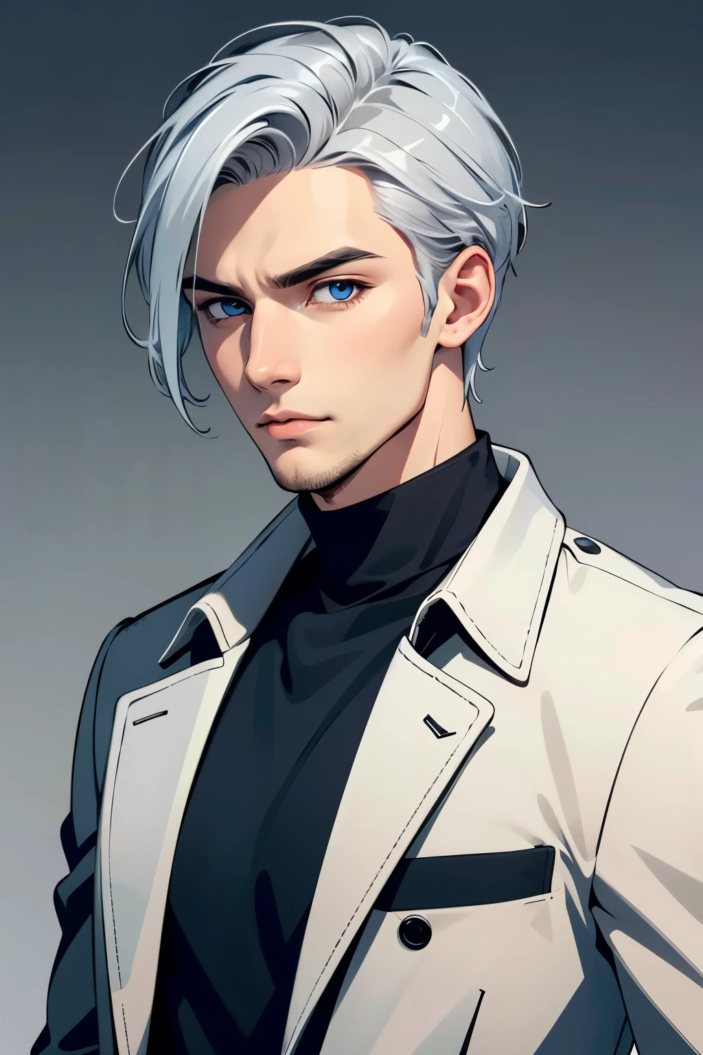 Boy, silver hair, blue eyes, serious sharp features, white skin, handsome, shirt, coat