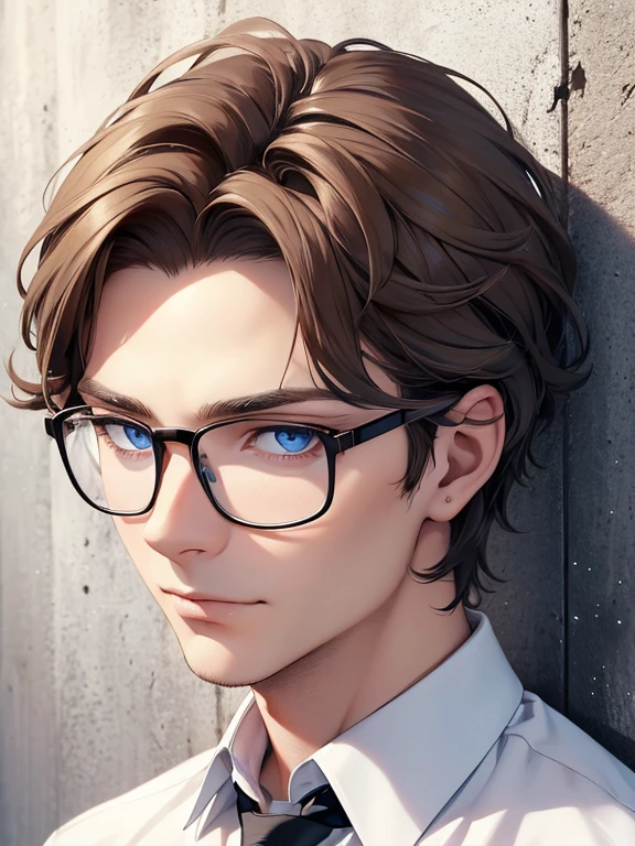 masterpiece, best quality, 1male, brunette hair, blue eyes, glasses, white shirt, mugshot, wall background, detailed eyes, detailed facial features, realistic and high resolution (best quality, 4k, 8k, highres, masterpiece:1.2)