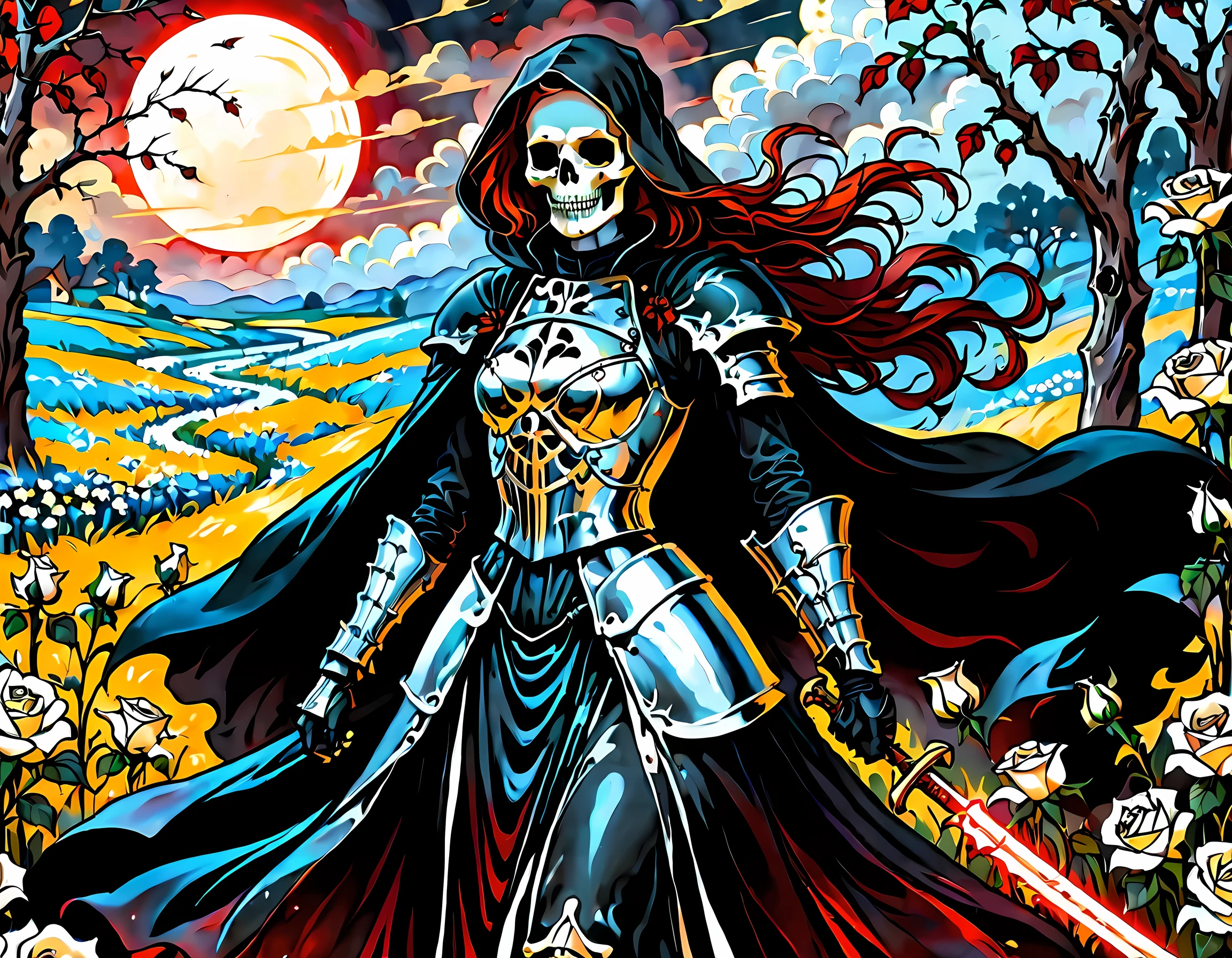 dark fantasy art, a female skeletal grim reaper in a field of white roses, the reaper has (skeletal head: 1.3) , long (red: 1.2) hair , red glowing eyes, she wears black robes, and black armor dress, ArmoredDress, flowing robes, she holds a scythe, in her arms, the scythe is dripping blood, a field of white roses background (best details, Masterpiece, best quality: 1.4), dynamic range, ultra wide shot, photorealism, depth of field, hyper realistic, RagingNebula