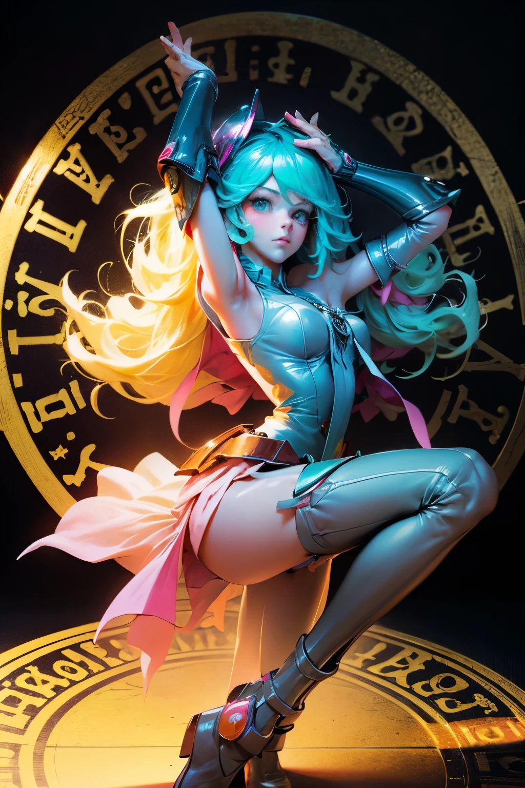 Hatsune Miku disfrazada de dark magician gils. Cabello celeste extra largo. Ojos verdes. Magic Circle Background. Pose sensual y sejustiva.