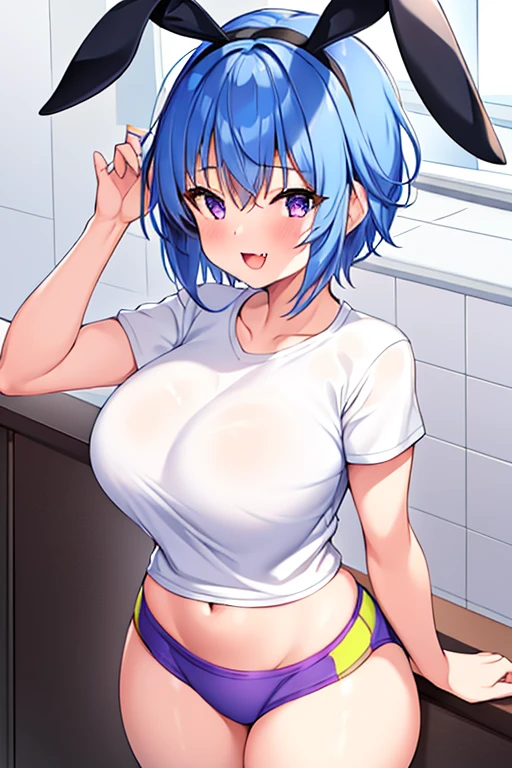 1girl, bunny ears, rabbit ears, very short hair, pixie cut, blue hair, purple eyes, light smile, fang, ((fang)), large breasts, thick thighs, gym uniform, shirt, white shirt, short pants, blue shorts, standing, hands dowm, arms down, long shirt