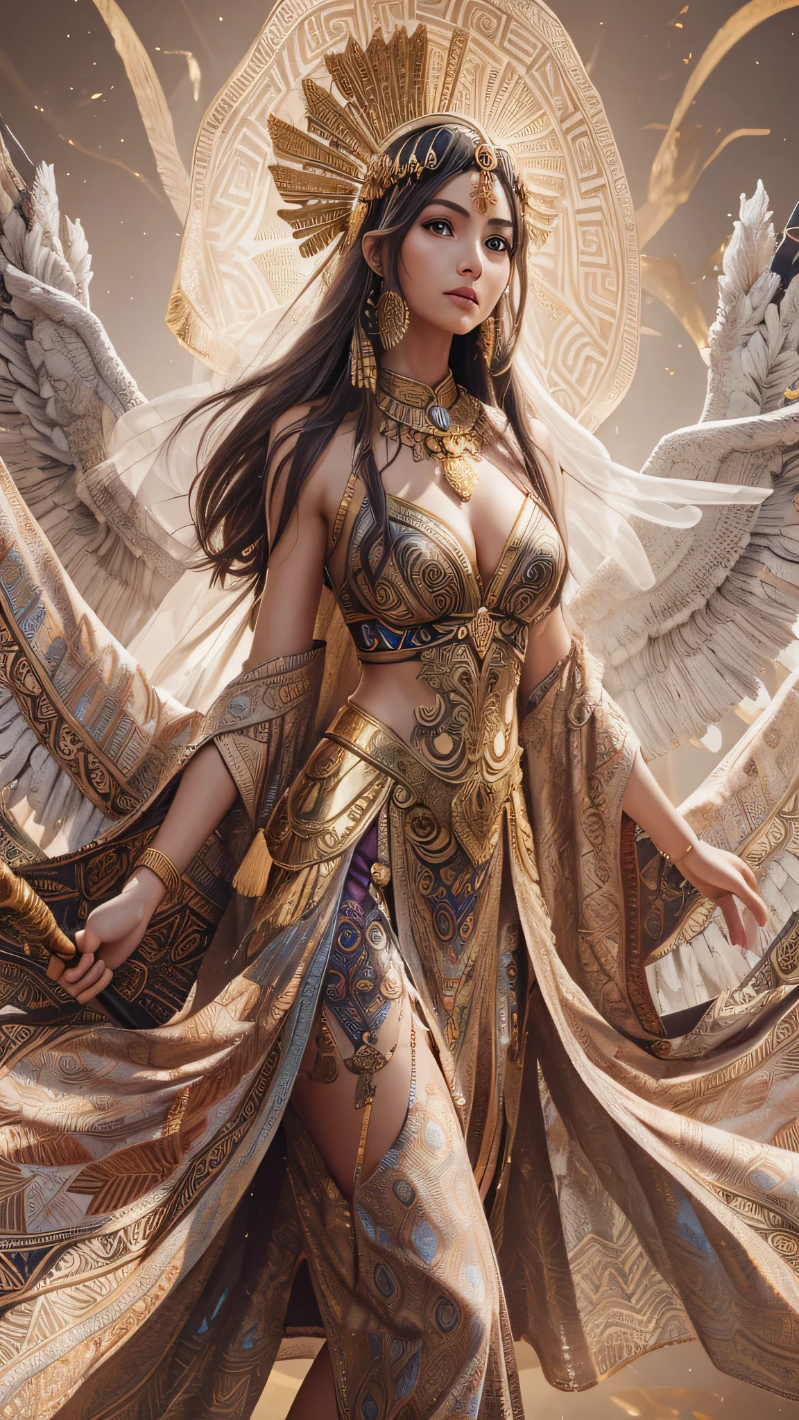 3D image character of goddess Athena wearing a batik outfit, with wings, staff, Shield of medusa head, and ancient Greek symbols. The image should be realistic, high quality, with vibrant and rich colors, golden accents, a majestic pose with outstretched arms, an ethereal quality background, soft otherworldly lighting, with emphasized highlights on her face and hands, ensuring the overall composition has a balanced and dynamic feel