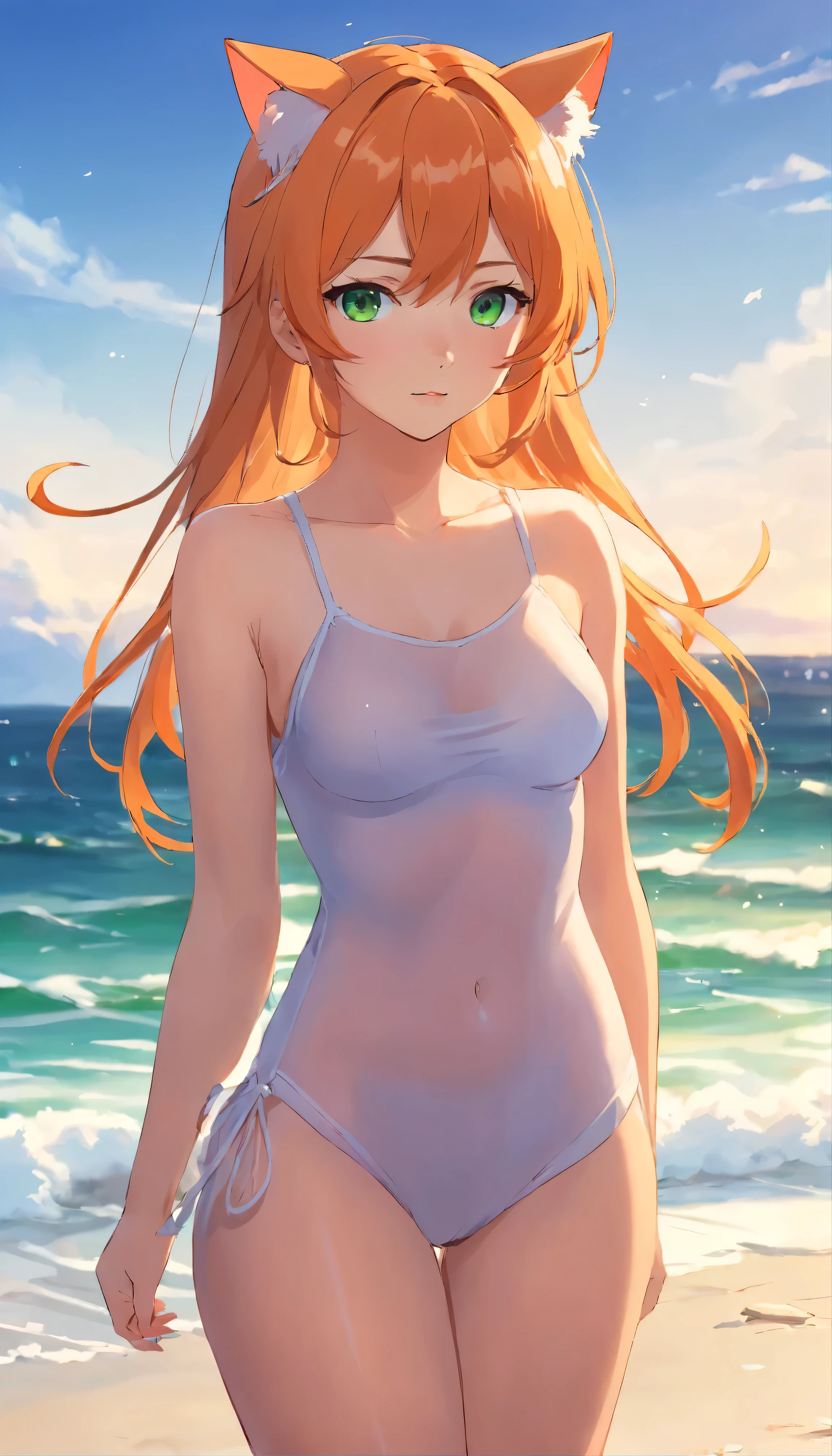 anime girl with long orange hair standing on beach near ocean, green eyes detailed digital anime art, cat ears, , anime girl with long hair, smooth anime cg art, anime girl with long hair, average breast size, digital anime art, artwork in the style of guweiz, beautiful anime portrait, photorealistic anime girl render, beautiful anime girl, perfect woman, advanced digital anime art, pantyhose, guweiz on artstation pixiv upscale HD UHD HQ big ass big 