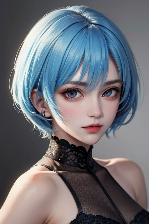 masterpiece, highest quality, 8k, Detailed skin texture, Detailed cloth texture, Beautifully detailed face, Intricate details, Super detailed, Portrait of Rei Ayanami, Blue Hair, Red eyes, Glancing sideways, No background