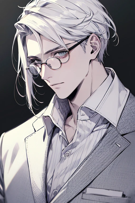 1st son,head portrait,iwhite color hair,face focus,adult,menswear,jacket,white shirt,tic,pants,best quality,face detailing,white background, glasses