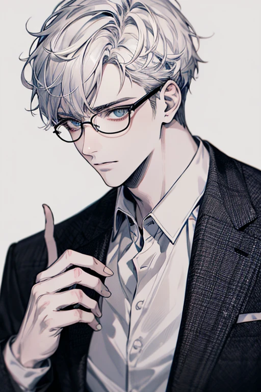 1st son,head portrait,iwhite color hair,face focus,adult,menswear,jacket,white shirt,tic,pants,best quality,face detailing,white background, glasses