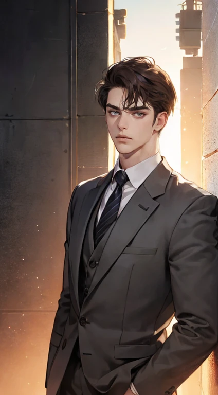 masutepiece, Best Quality, Realistic, 1man, matured male, Quiet and charming young man, 25 years old, closing eye, Serious look, extra detailed face, ((dark grey eyes)), ((Short right sweep dark brown hair)), [Thick eyebrows], detective, Plain background, ((Suit)), Cinematic lighting, gaze at the audience, Postural dynamics