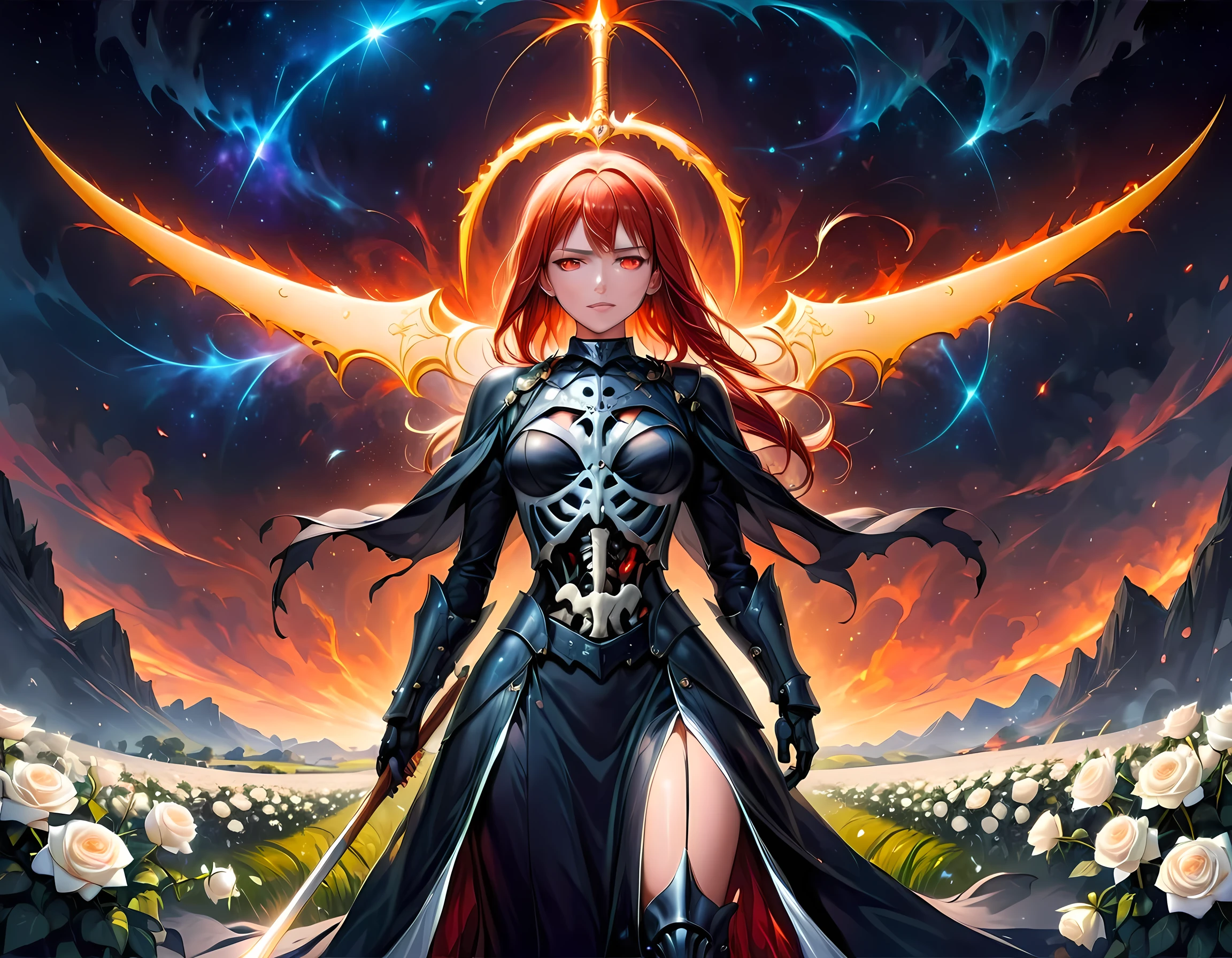 dark fantasy art, a female skeletal grim reaper in a field of white roses, the reaper has (skeletal head: 1.3) , long (red: 1.2) hair , red glowing eyes, she wears black robes, and black armor dress, ArmoredDress, flowing robes, she holds a scythe, in her arms, the scythe is dripping blood, a field of white roses background (best details, Masterpiece, best quality: 1.4), dynamic range, ultra wide shot, photorealism, depth of field, hyper realistic, RagingNebula