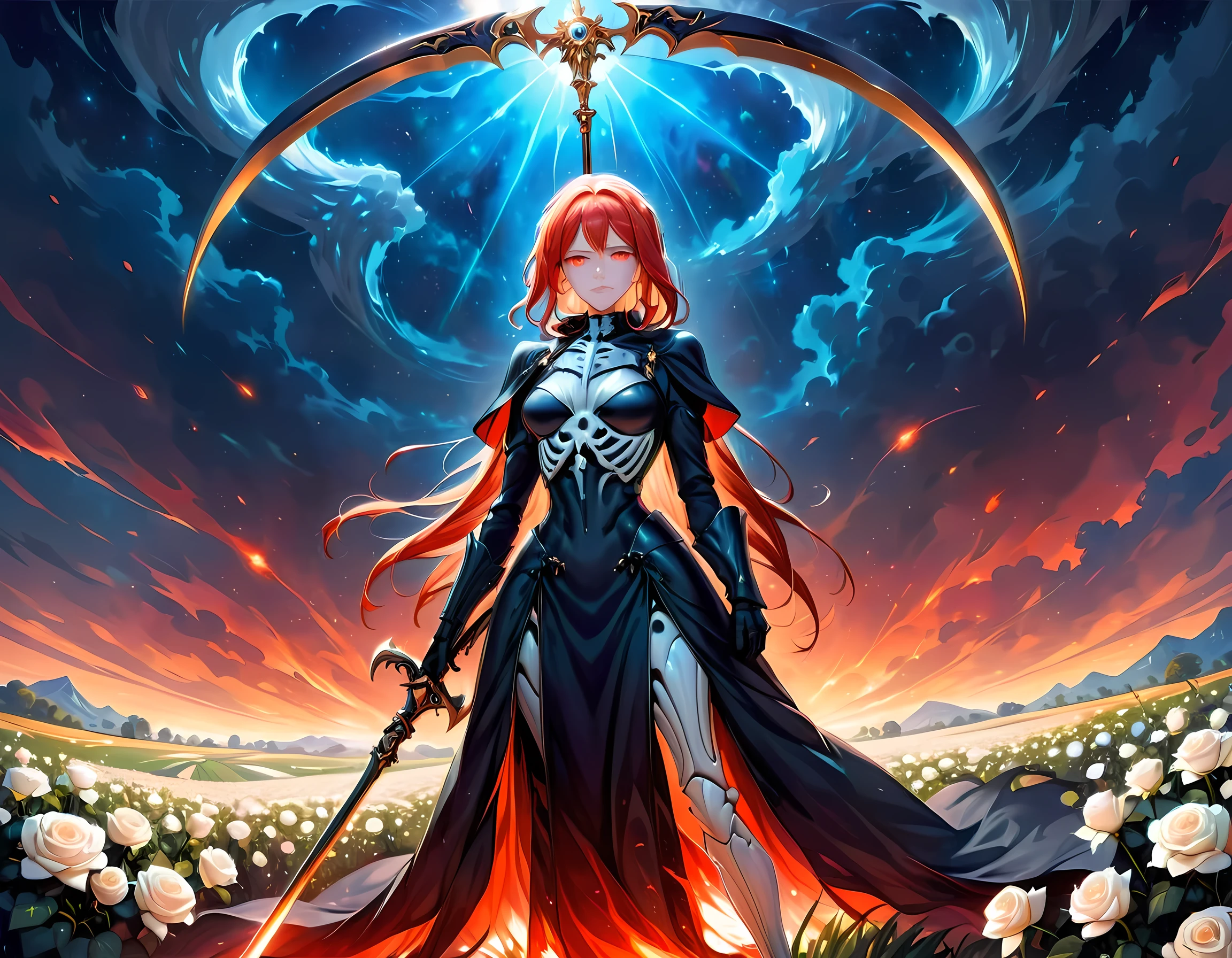 dark fantasy art, a female skeletal grim reaper in a field of white roses, the reaper has (skeletal head: 1.3) , long (red: 1.2) hair , red glowing eyes, she wears black robes, and black armor dress, ArmoredDress, flowing robes, she holds a scythe, in her arms, the scythe is dripping blood, a field of white roses background (best details, Masterpiece, best quality: 1.4), dynamic range, ultra wide shot, photorealism, depth of field, hyper realistic, RagingNebula