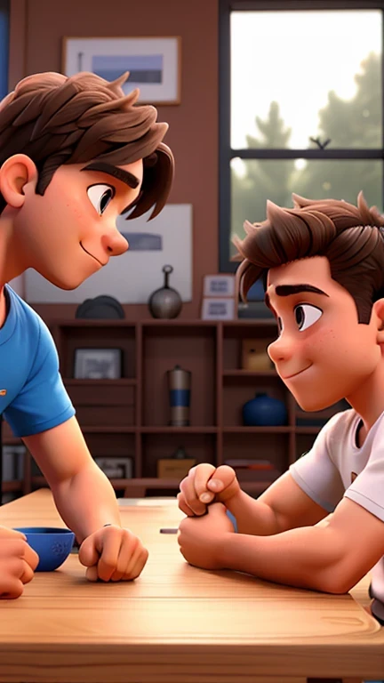 two boys playing  arm wrestling competition. setting in the table. ..8k realistic 