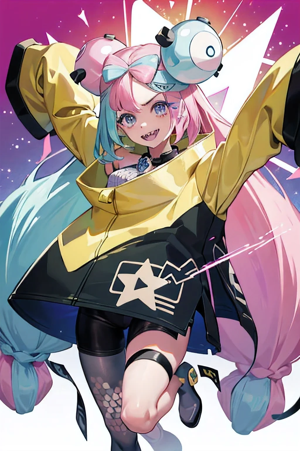 Highest quality、masterpiece、Anime Style、Pink hair and blue eyes、Baggy yellow jacket、Raise your right hand high、Lower your left hand、Stand with only your right foot、Lift your left leg。Sharp teeth、smile、White background、Purple to yellow gradient eyes