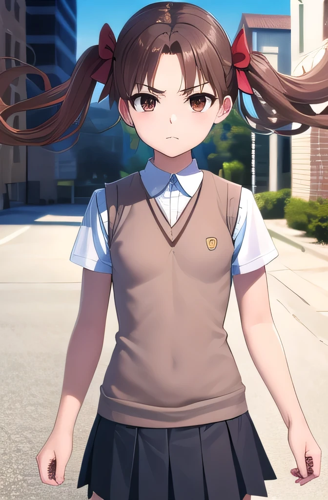 kurokoshirai, kuroko shirai, brown hair, long hair, (parted bangs:1.5), (brown eyes:1.7), Ringlet, twin tails, hair bow, bow, red bow, (Small breasts:1.5),
break armband, black skirt, collared shirt, dress shirt, pleated skirt, safety pin, , shirt, short sleeve, skirt, summer clothes, sweater vest, tokiwadai , twin tails, white shirt, (brown sweater vest:1.5),
break looking at viewer, , whole body,
BREAK Outdoor, Alley,
break (masterpiece:1.2), highest quality, High resolution, unity 8k wallpaper, (shape:0.8), (fine and beautiful eyes:1.6), highly detailed face, perfect lighting, Very detailed CG, (perfect hands, perfect anatomy)、A disdainful look、Looking Down、Glaring at me、blush:1.3、Full body portrait、Official image、Hollow Eyes