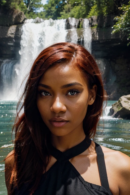 A striking contrast of features, a black woman with blue eyes and a large, thin mouth stands in the middle of a powerful waterfall, her short, vibrant red hair framing her face.