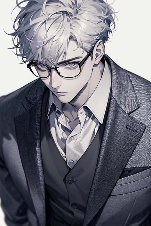 1st son，head portrait，iwhite color hair，face focus，adult，menswear，jacket，white shirt，tic，pants，best quality，face detailing，white background, glasses