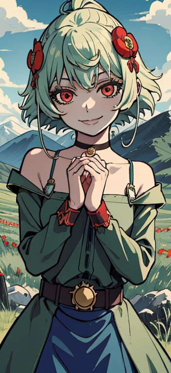 masterpiece, best quality, mhEna, hair ornament, choker, green tunic, belt, blue skirt, bridal gauntlets, hand to heart, looking at viewer, smile, sky, clouds, field, mountains, upper body, red eyes
