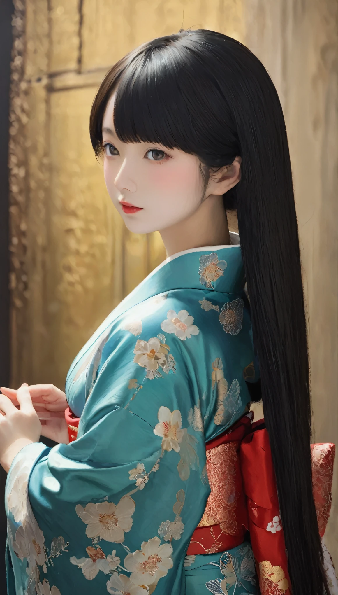 Tabletop, highest quality, Very delicate and beautiful girl,Very delicate and beautiful, World Masterpiece Theatre, Very detailed, Very detailed, highest quality, Very beautiful silky black hair,kimono,Japanese Clothing,落ち着いた色合いのkimono,ナチュラルカラーのkimono, High resolution, Very detailed,1 girl, highest quality, shape, Looking at the audience, Material, canvas, Oil, Genuineistic, Realist ,Genuine,Great background,Otherworldly background,