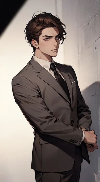 masutepiece, Best Quality, Realistic, 1man, matured male, Quiet and charming young man, 25 years old, closing eye, Serious look, extra detailed face, ((dark grey eyes)), ((Short right sweep dark brown hair)), [Thick eyebrows], detective, Plain background, ((Suit)), Cinematic lighting, gaze at the audience, Postural dynamics