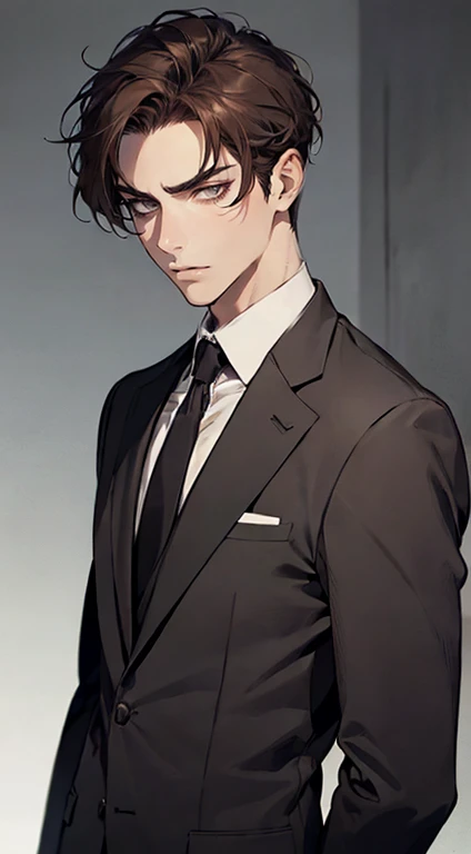 masutepiece, Best Quality, Realistic, 1man, matured male, Quiet and charming young man, 25 years old, closing eye, Serious look, extra detailed face, ((dark grey eyes)), ((Short right sweep dark brown hair)), [Thick eyebrows], detective, Plain background, ((Suit)), Cinematic lighting, gaze at the audience, Postural dynamics
