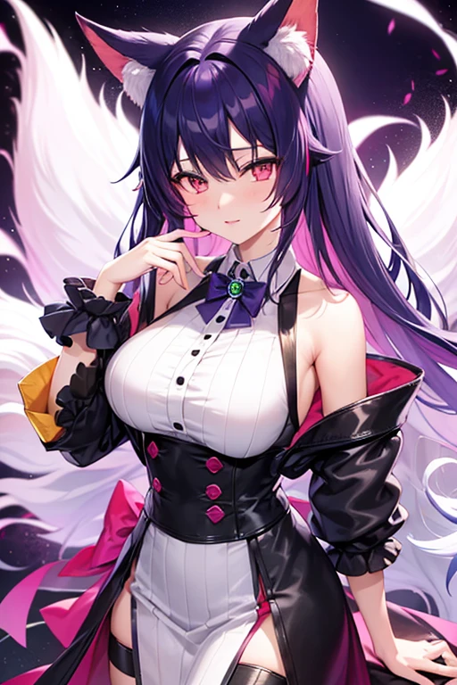 a anime girl with black hair dressed in white and purple holds a handgun, and a girl in black and white and blonde and white hair stands behind her, 1girl, solo, animal ears, rabbit ears, breasts, long hair, black hair, bow, blush, looking at viewer, large breasts, black bow, gloves, bowtie, shirt, black bowtie, orange eyes, white shirt, hair ornament, long sleeves, multicolored hair, black skirt, closed mouth, white hair