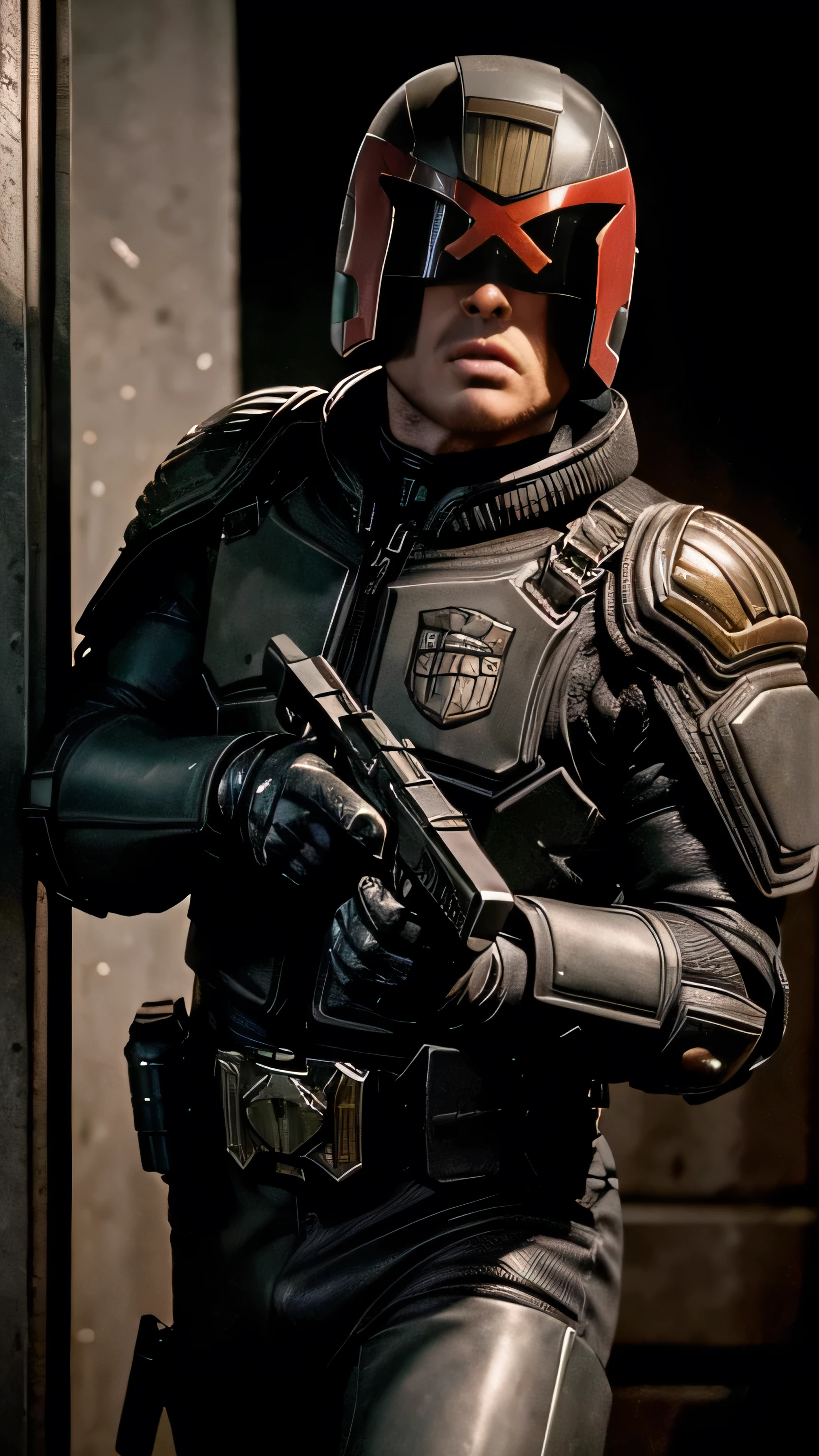 horror, (Richard Madden) as Judge Dredd, helmet, armor, uniform, aiming a gun, pistol, (1man), (solo), (full body view), beautiful detailed glow, detailed, cinematic light, intricate detail, realistic, highres, detailed facial features, high detail, sharp focus, smooth, aesthetic, extremely detailed, stamp, octane render