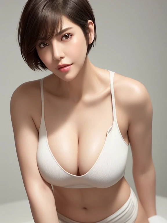 realistic, 1 tall sexy ultra hot girl, layered messy white bob cut short hair, brown eyes, detail skin texture , under tank top, up skirt, parted lips, night, sexy seductive look at the camera , nice rounded breasts, full body waist up pose , upper knees pose ,  skinny slim sexy curvy body , cleavage , alluring 