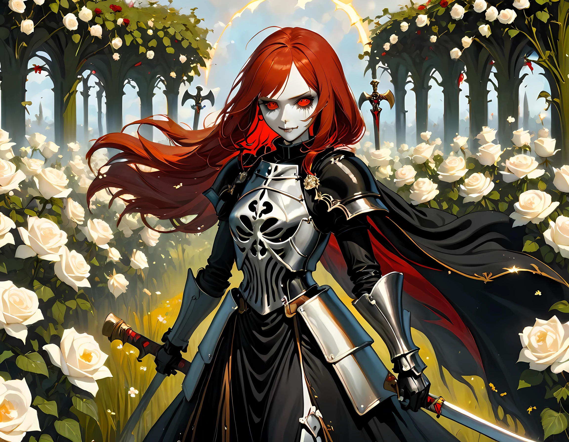 dark fantasy art, a female skeletal grim reaper in a field of white roses, the reaper has (skeletal head: 1.3) , long (red: 1.2) hair , red glowing eyes, she wears black robes, and black armor dress, ArmoredDress, flowing robes, she holds a scythe, in her arms, the scythe is dripping blood, a field of white roses background (best details, Masterpiece, best quality: 1.4), dynamic range, ultra wide shot, photorealism, depth of field, hyper realistic, RagingNebula