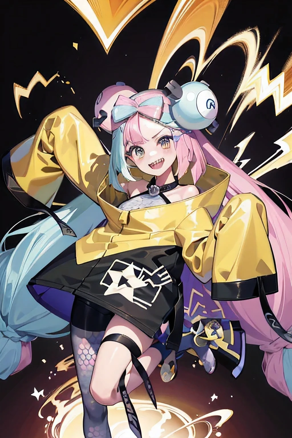 Highest quality、masterpiece、Anime Style、Pink hair and purple to yellow gradient eyes、Baggy yellow jacket、Raise your right hand high、Lower your left hand、Stand with only your right foot、Lift your left leg。Sharp teeth、smile、White background、