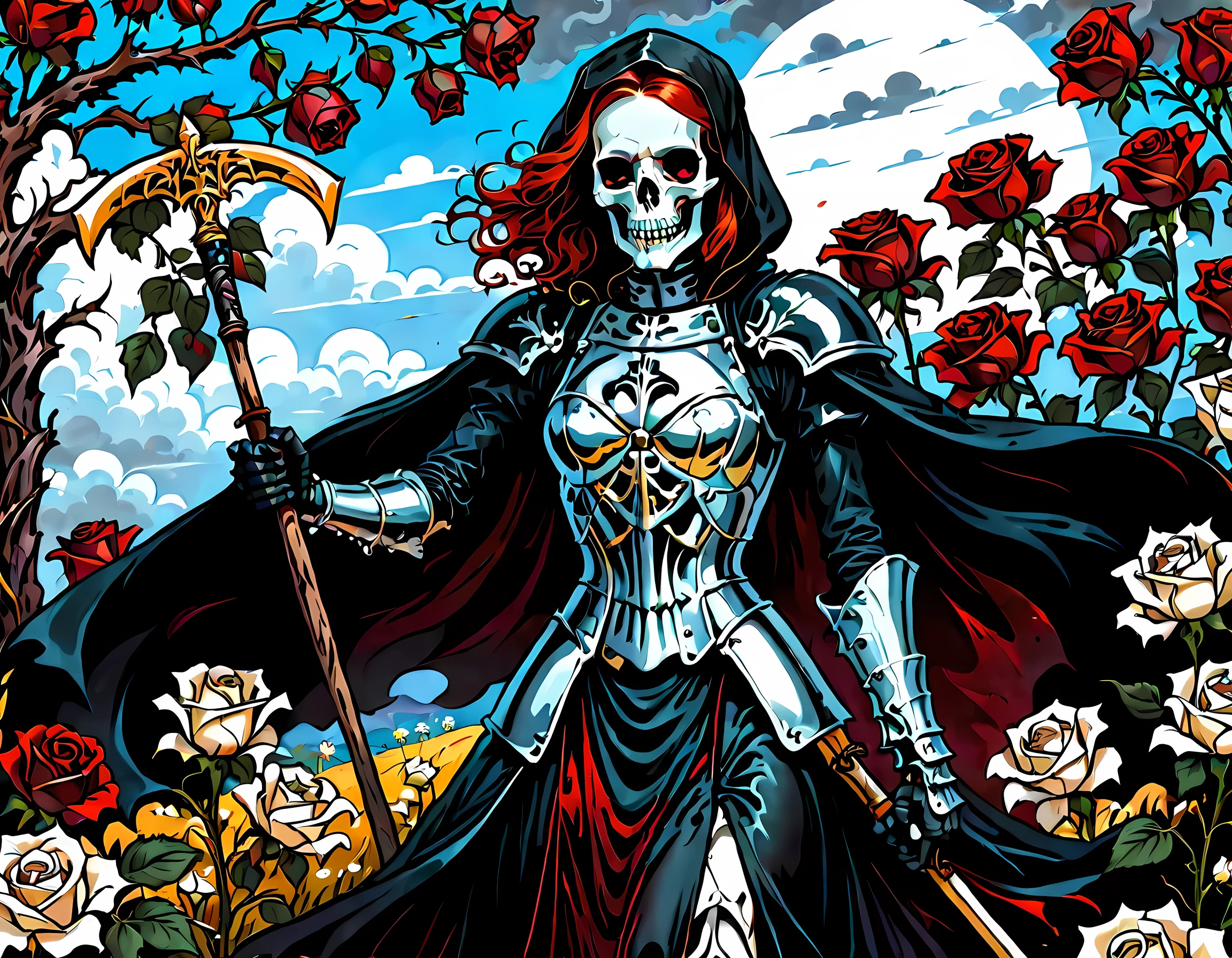 dark fantasy art, a female skeletal grim reaper in a field of white roses, the reaper has (skeletal head: 1.3) , long (red: 1.2) hair , red glowing eyes, she wears black robes, and black armor dress, ArmoredDress, flowing robes, she holds a scythe, in her arms, the scythe is dripping blood, a field of white roses background (best details, Masterpiece, best quality: 1.4), dynamic range, ultra wide shot, photorealism, depth of field, hyper realistic, RagingNebula