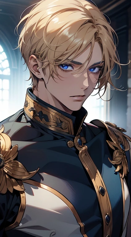 1 male with unique and beautiful features. He has bronze skin, short blond hair, ((big eyes, charming blue eyes, that give his face a touch of mystery and attraction)), He wears elegant and innovative clothes that reflect a unique character and a strong personality, 8k, high quilty, realistic, beautiful realistic, Cool details, raw photo, realistic clothing, short hair, blond hair, realistic hair, Light and cool lighting, photo realistic, Cel shaded, Gel lighting, ultra details