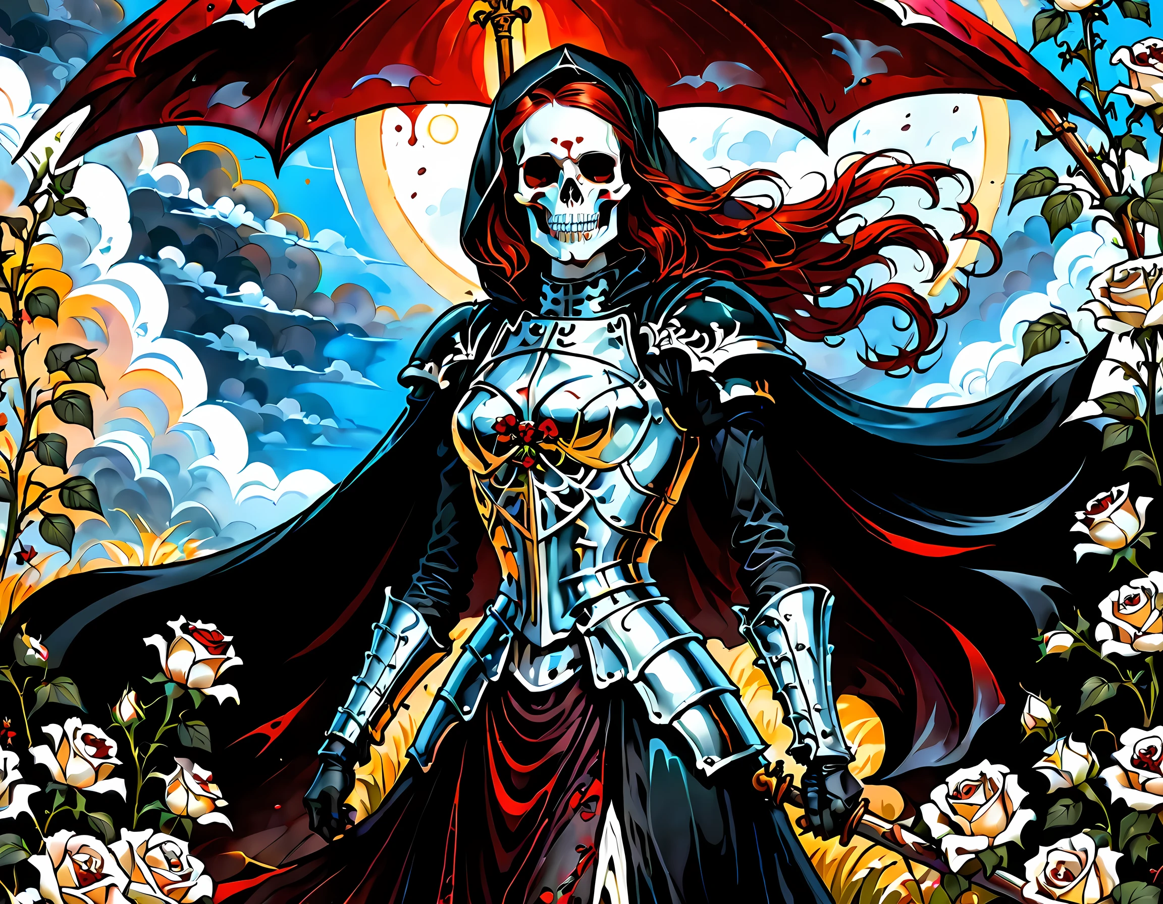 dark fantasy art, a female skeletal grim reaper in a field of white roses, the reaper has (skeletal head: 1.3) , long (red: 1.2) hair , red glowing eyes, she wears black robes, and black armor dress, ArmoredDress, flowing robes, she holds a scythe, in her arms, the scythe is dripping blood, a field of white roses background (best details, Masterpiece, best quality: 1.4), dynamic range, ultra wide shot, photorealism, depth of field, hyper realistic, RagingNebula