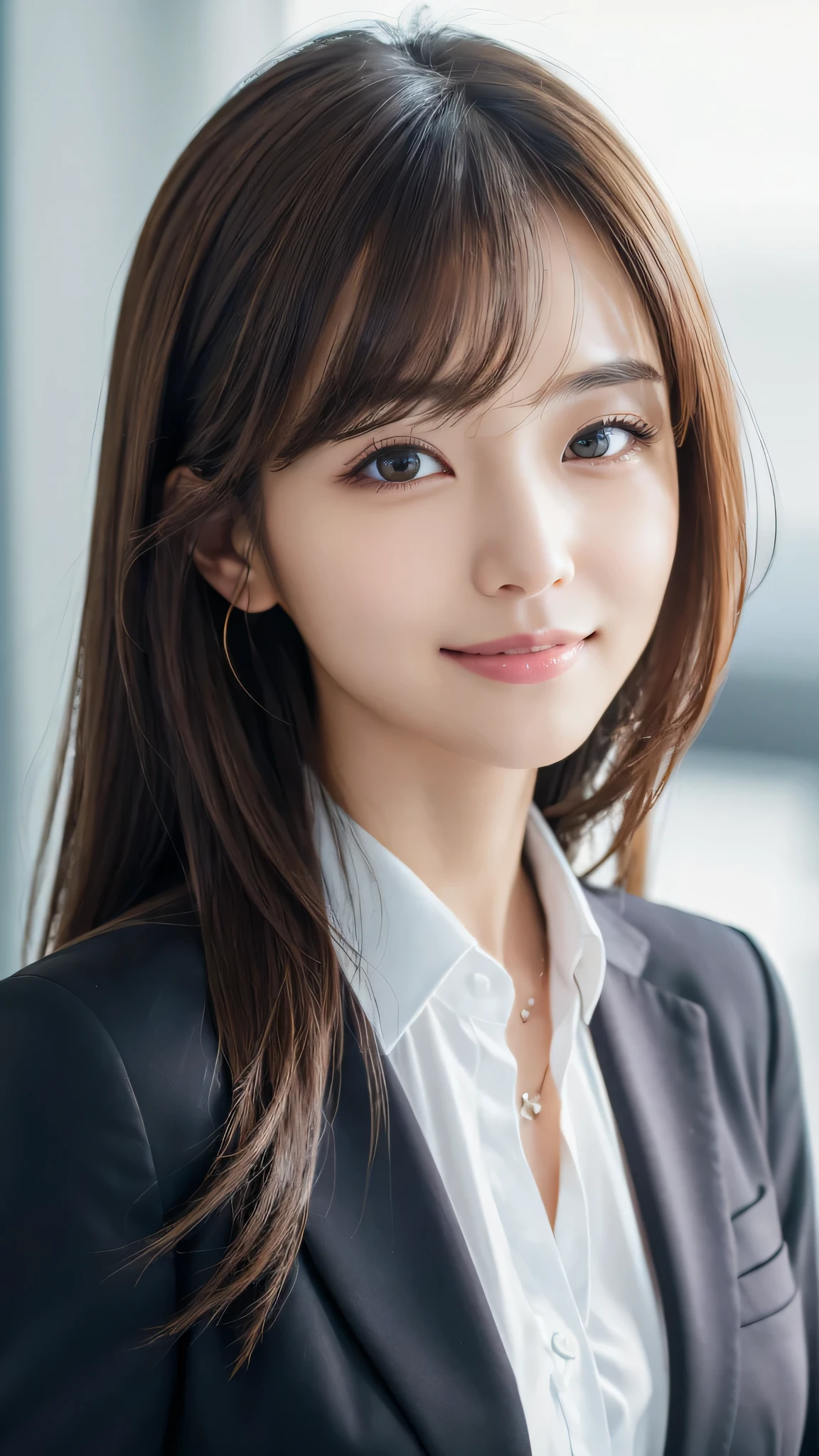 table top、highest quality、genuine、Super detailed、finely、High resolution、8k wallpaper、one beautiful woman、、、light brown disheveled hair、wearing a business suit、sharp focus、perfect dynamic composition、beautiful and detailed eyes、thin hair、Detailed genuine skin texture、smile、model body shape、In Tokyo at morning、
