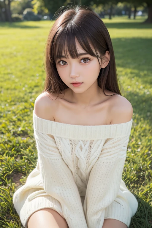 one girl, (a beauty girl, delicate girl:1.3), (16 years old:1.3),
break, (Off-the-shoulder sweater, White sweater dress:1.2),
break, Very fine grain definition, (Symmetrical eyes:1.3),
break, (Lush green park:1.3),
break, Small breasts, Brown eyes, Parted bangs, Brown Hair, girl,
break, (Eye and facial details:1.0),
break, (masterpiece, highest quality, Super detailed, Detailed face, 8k)、Thighs、From above、Sit down