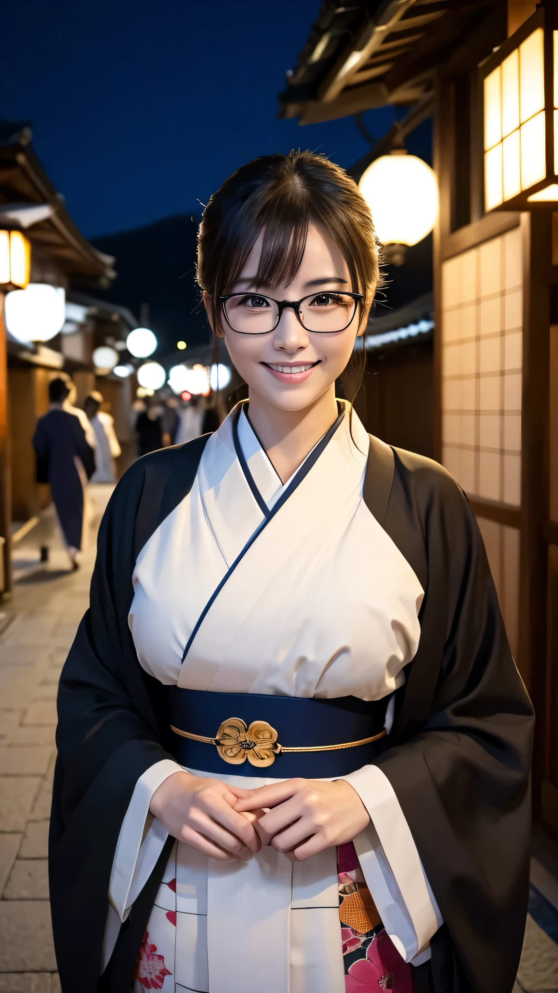 (Super beautiful woman in kimono)、((highest quality、8K masterpiece:1.3))、sharp focus:1.2、(super beautiful face:1.0)、(shiny skin:1.0)、realistic pictures、black hair、video lighting、High resolution eyes and face、video lighting、japanese actress、from the front、big breasts、with a happy smile、Slender abs beauty、whole body、wearing a kimono、in Kyoto、(((luxury obi)))、In Kyoto at night、wearing glasses with no edge