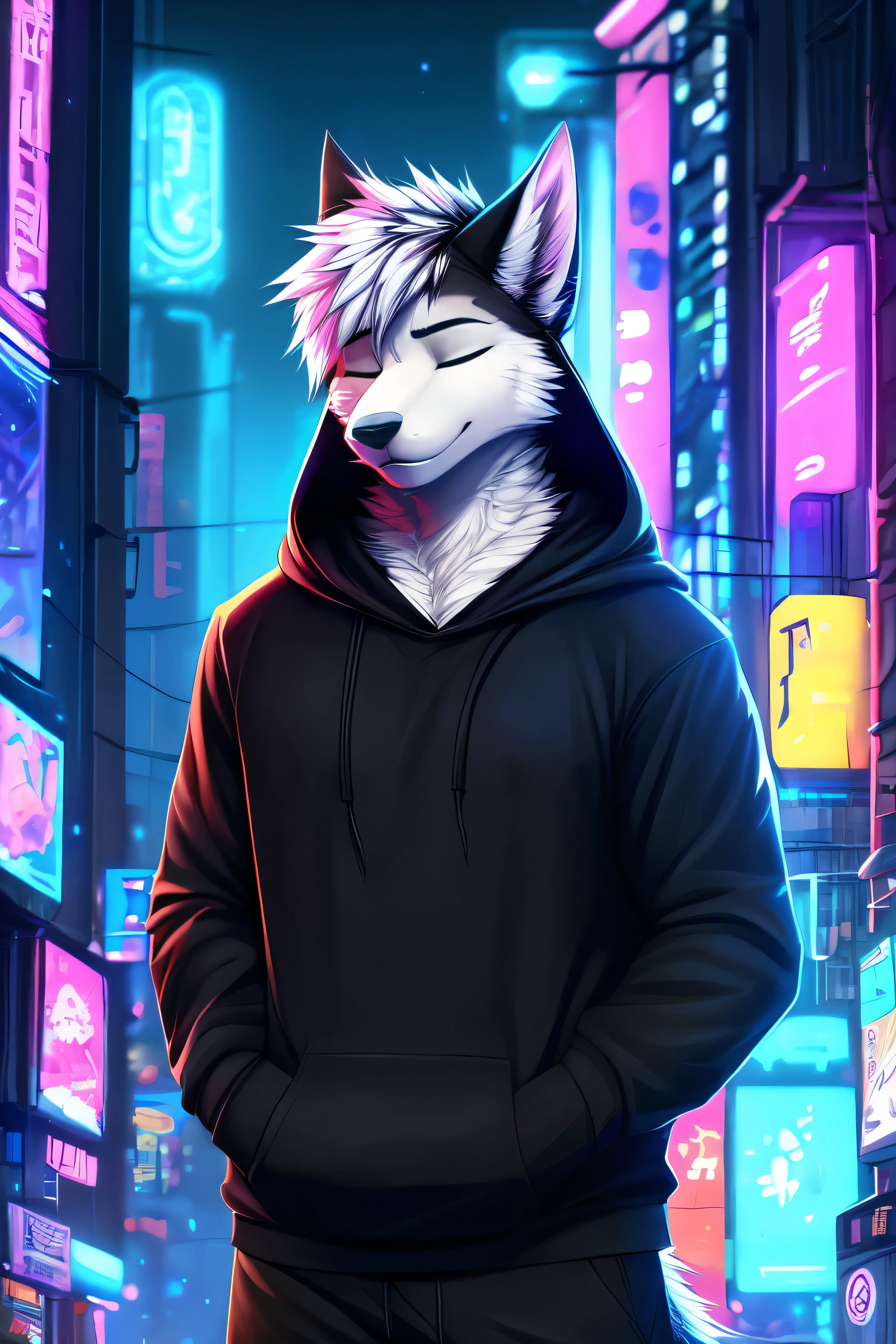 by angiewolf, Hyoshiru, clean, Anthro, male, One, Apparel, wool, 2022, black Apparel, hoodie, black Apparel top, closed eyes, black hoodie, Cyberpunk city background