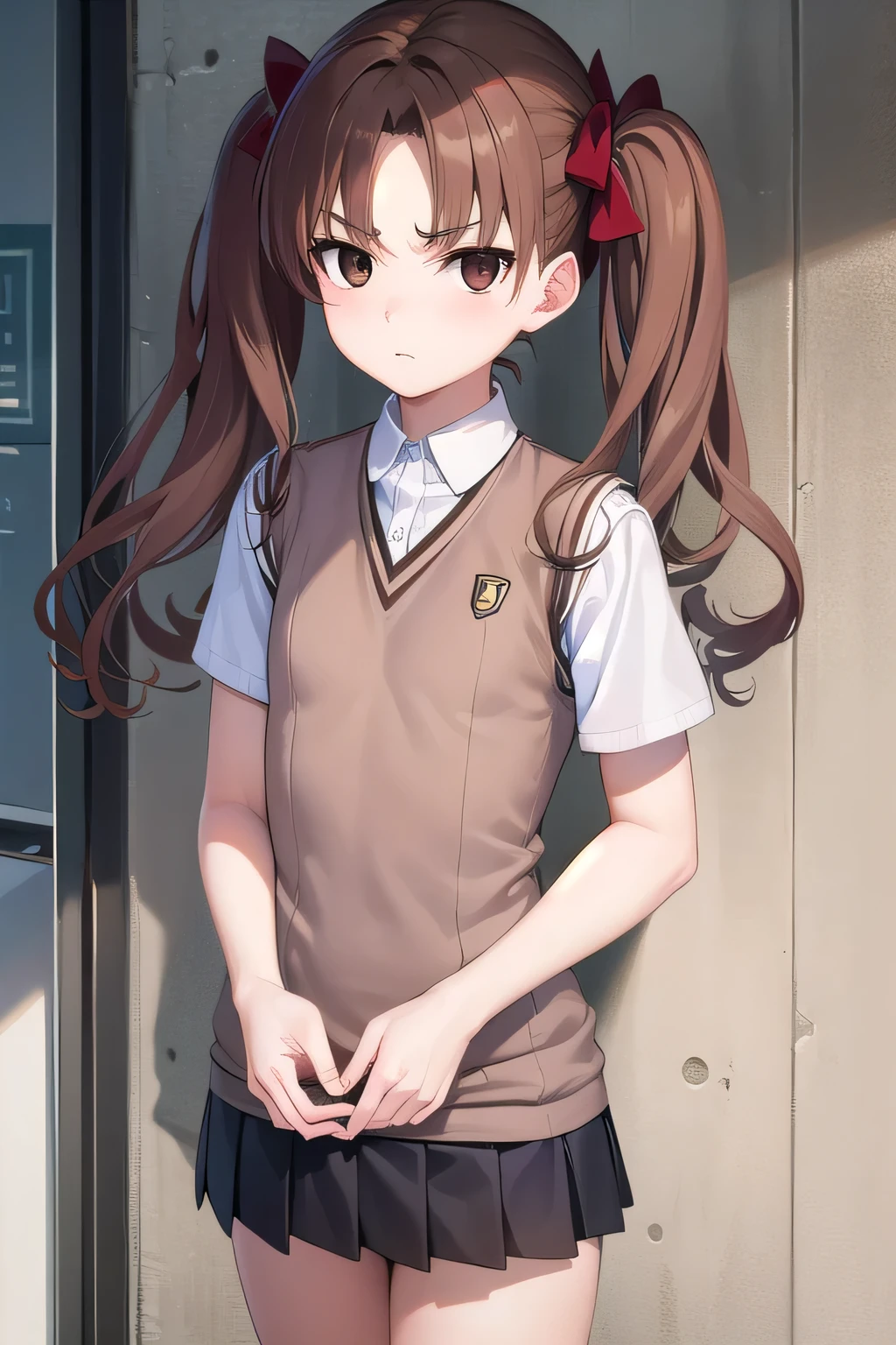 kurokoshirai, kuroko shirai, brown hair, long hair, (parted bangs:1.5), (brown eyes:1.7), Ringlet, twin tails, hair bow, bow, red bow, (Small breasts:1.5),
break armband, black skirt, collared shirt, dress shirt, pleated skirt, safety pin, , shirt, short sleeve, skirt, summer clothes, sweater vest, tokiwadai , twin tails, white shirt, (brown sweater vest:1.5),
break looking at viewer, , whole body,
BREAK Outdoor, Alley,
break (masterpiece:1.2), highest quality, High resolution, unity 8k wallpaper, (shape:0.8), (fine and beautiful eyes:1.6), highly detailed face, perfect lighting, Very detailed CG, (perfect hands, perfect anatomy)、A disdainful look、Looking Down、Glaring at me、blush:1.3、Full body portrait、Official image、Hollow Eyes