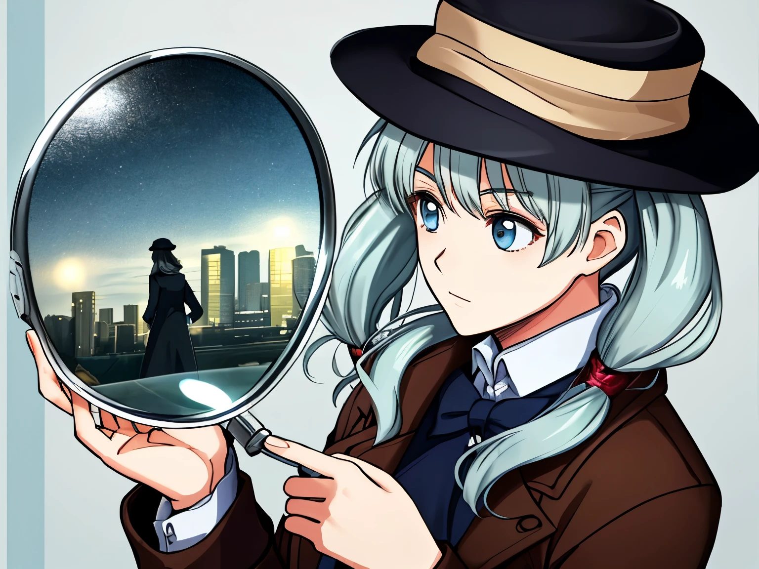 Female Sherlock Holmes Light blue long hair Beautiful girl with twin tails Night in the city Face Highlights Hunting hat and brown long coat Investigating with a large magnifying glass Stern face Close-up of face